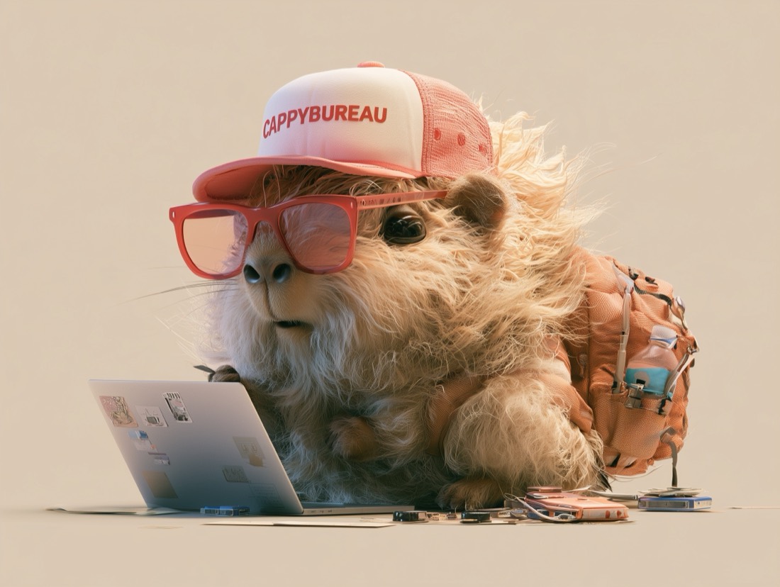 A fluffy capybara in a Cappybureau trucker cap and pink sunglasses, typing on a laptop covered in stickers
